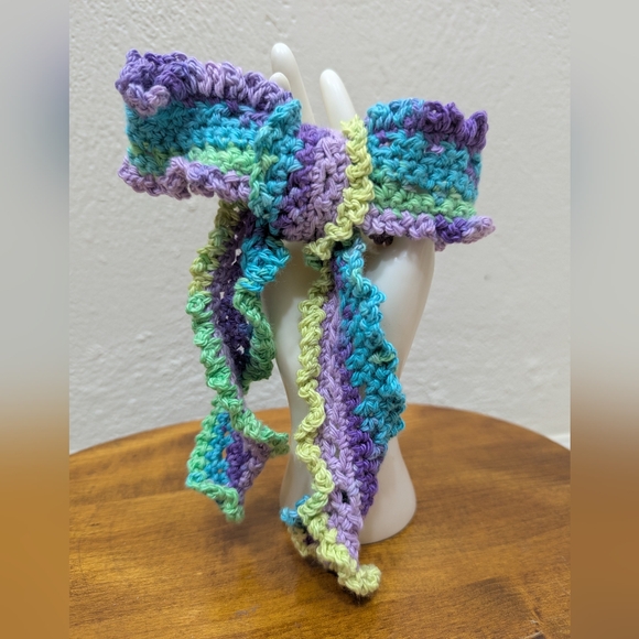 Handmade Crochet Hair Bow Colorful Long Coquette Pin Clip Accessory - Picture 1 of 3